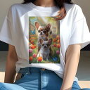 チワワ Tシャツ レディース 犬ファン 半袖 春夏 犬柄 プリント カジュアル かわいい 人間用 個性派 ここだけのデザイン 面白 チューリップ チワワ 庭 花 蝶