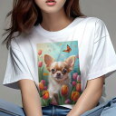 チワワ Tシャツ レディース 犬ファン 半袖 春夏 犬柄 プリント カジュアル かわいい 人間用 個性派 ここだけのデザイン 面白 チューリップ チワワ 蝶