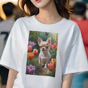 チワワ Tシャツ レディース 犬ファン 半袖 春夏 犬柄 プリント カジュアル かわいい 人間用 個性派 ここだけのデザイン 面白 チューリップ チワワ 花 庭