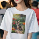 チワワ Tシャツ レディース 犬ファン 半袖 春夏 犬柄 プリント カジュアル かわいい 人間用 個性派 ここだけのデザイン 面白 チューリップ チワワ 庭 花 蝶