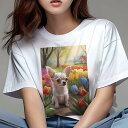 チワワ Tシャツ レディース 犬ファン 半袖 春夏 犬柄 プリント カジュアル かわいい 人間用 個性派 ここだけのデザイン 面白 チューリップ チワワ 花畑 春 風景