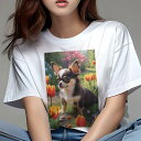 チワワ Tシャツ レディース 犬ファン 半袖 春夏 犬柄 プリント カジュアル かわいい 人間用 個性派 ここだけのデザイン 面白 チューリップ チワワ 花 春 庭