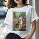 チワワ Tシャツ レディース 犬ファン 半袖 春夏 犬柄 プリント カジュアル かわいい 人間用 個性派 ここだけのデザイン 面白 チューリップ チワワ 庭 蝶