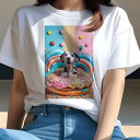 ダルメシアン Tシャツ レディース 犬ファン 半袖 春夏 犬柄 プリント カジュアル かわいい 人間用 個性派 ここだけのデザイン 面白 ドーナツ ダルメシアン スプリンクル キャンディ カラフル
