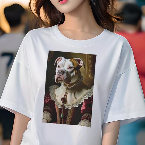アメリカンブルドッグ Tシャツ レディース 犬ファン 半袖 春夏 犬柄 プリント カジュアル かわいい 人間用 個性派 ここだけのデザイン 面白 肖像画 アメリカンブルドッグ ルネサンス ドレス ジュエリー