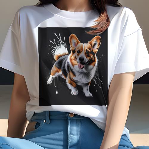 Tシャツ レディース 犬ファン 半袖 春夏 プリント カジュアル かわいい 人間用 フィットネス 黒い背景 コーギー スプラッシュペイント 笑顔