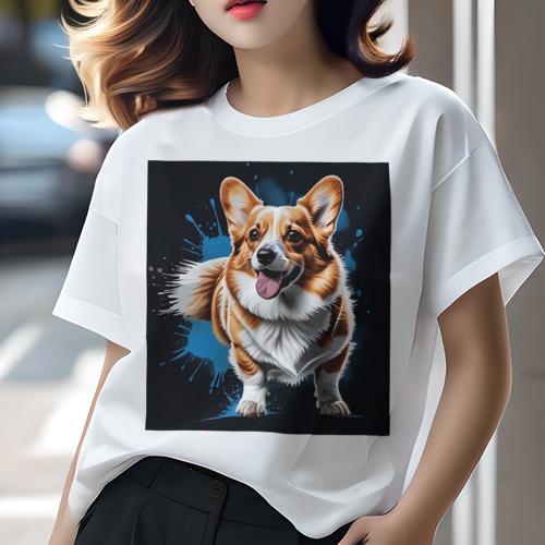 Tシャツ レディース 犬ファン 半袖 春夏 プリント カジュアル かわいい 人間用 フィットネス スプラッシュアート ウェルシュコーギー 青いペイント Tシャツ レディース 犬ファン 半袖 春夏 プリント カジュアル かわいい 人間用 フィットネス スプラッシュアート ウェルシュコーギー 青いペイント