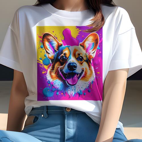 Tシャツ レディース 犬ファン 半袖 春夏 プリント カジュアル かわいい 人間用 フィットネス 絵画 ウェルシュコーギーペンブローク スプラッシュ カラフル