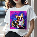 Tシャツ レディース 犬ファン 半袖 春夏 プリント カジュアル かわいい 人間用 フィットネス カラフル コーギー グラフィティ アート ピンク ブルー(4)