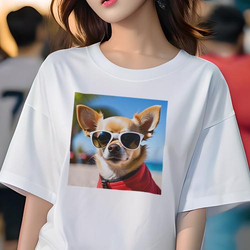 Tシャツ レディース 犬ファン 半袖 春夏 プリント カジュアル かわいい 人間用 フィットネス サングラス チワワ ビーチ 青空