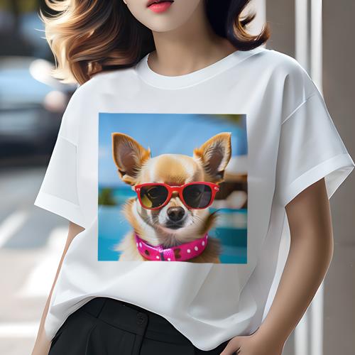Tシャツ レディース 犬ファン 半袖 春夏 プリント カジュアル かわいい 人間用 フィットネス サングラス チワワ ピンクの首輪 プール 水 空 Tシャツ レディース 犬ファン 半袖 春夏 プリント カジュアル かわいい 人間用 フィットネス サングラス チワワ ピンクの首輪 プール 水 空