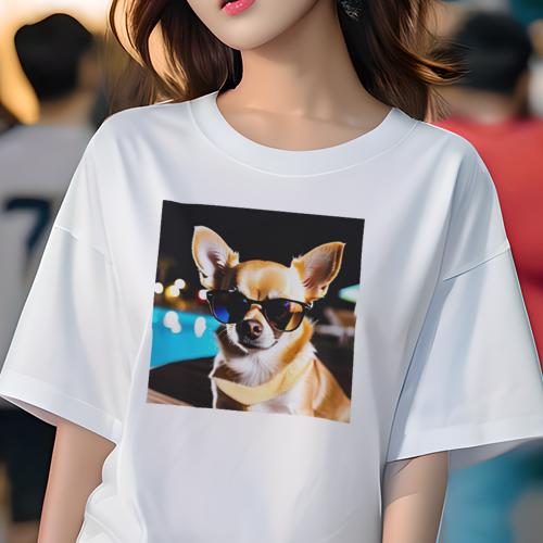 Tシャツ レディース 犬ファン 半袖 春夏 プリント カジュアル かわいい 人間用 フィットネス サングラス チワワ プールサイド 夜