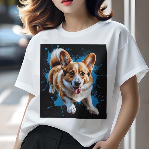 Tシャツ レディース 犬ファン 半袖 春夏 プリント カジュアル かわいい 人間用 フィットネス 水しぶき ウェルシュコーギー 笑顔 犬 黒い背景