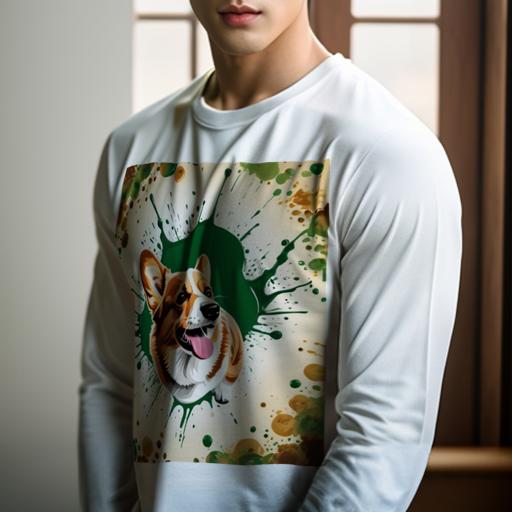 長袖Tシャツ 人間用 メンズ 秋春夏 プリント レジャー アウトドア カジュアル かわいい ペイントスプラッシュ コーギー 芸術的 カラフル