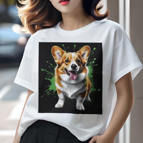 Tシャツ レディース 犬ファン 半袖 春夏 プリント カジュアル かわいい 人間用 フィットネス スプラッシュアート コーギー 黒い背景 ポップアート調 Tシャツ レディース 犬ファン 半袖 春夏 プリント カジュアル かわいい 人間用 フィットネス スプラッシュアート コーギー 黒い背景 ポップアート調