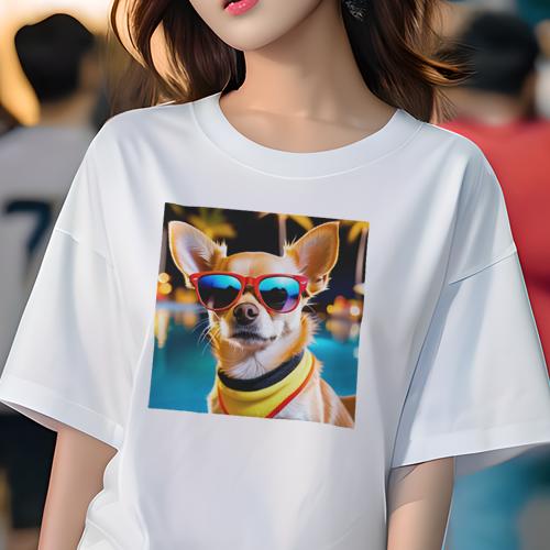 Tシャツ レディース 犬ファン 半袖 春夏 プリント カジュアル かわいい 人間用 フィットネス サングラス チワワ プール ヤシの木 夜景 カラフルな首輪 Tシャツ レディース 犬ファン 半袖 春夏 プリント カジュアル かわいい 人間用 フィットネス サングラス チワワ プール ヤシの木 夜景 カラフルな首輪