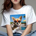 Tシャツ レディース 犬ファン 半袖 春夏 プリント カジュアル かわいい 人間用 フィットネス サングラス チワワ プール 青空 ビーチパラソル