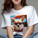 Tシャツ レディース 犬ファン 半袖 春夏 プリント カジュアル かわいい 人間用 フィットネス サングラス チワワ 赤い傘 青空 かわいい