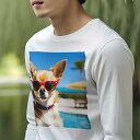 長袖Tシャツ 人間用 メンズ 秋春夏 プリント レジャー アウトドア カジュアル かわいい サングラス チワワ プール 青空 ビーチパラソル