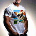 Tシャツ メンズ キッズ 犬ファン 半袖 春夏 プリント カジュアル かわいい 人間用 フィットネス サングラス チワワ 青い首輪 芝生 日傘