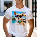 Tシャツ メンズ キッズ 犬ファン 半袖 春夏 プリント カジュアル かわいい 人間用 フィットネス サングラス チワワ プール 青い空 椰子の木 日傘