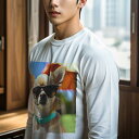 長袖Tシャツ 人間用 メンズ 秋春夏 プリント レジャー アウトドア カジュアル かわいい サングラス チワワ 青い首輪 芝生 日傘