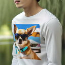 長袖Tシャツ 人間用 メンズ 秋春夏 プリント レジャー アウトドア カジュアル かわいい サングラス チワワ プール 青い空 椰子の木 日傘