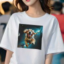 Tシャツ レディース 犬ファン 半袖 春夏 プリント カジュアル かわいい 人間用 フィットネス 宇宙 ゴールデンレトリバー 宇宙飛行士 星 銀河(4)