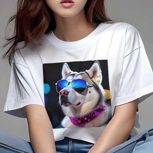 楽天フロントップ楽天市場店Tシャツ レディース 犬ファン 半袖 春夏 プリント カジュアル かわいい 人間用 フィットネス サングラス シベリアンハスキー キラキラの首輪 夜の背景