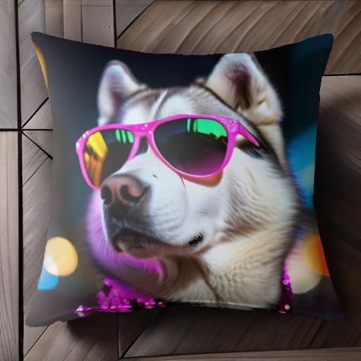 サングラス シベリアンハスキー 夜景 ネオンライト 派手な服装 クッションカバー 45×45cm アニマル柄 ..