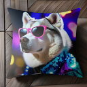 サングラス シベリアンハスキー ジャケット ネオン 夜 星 クッションカバー 45×45cm アニマル柄 おしゃれ 可愛い クッション本体付き 正方形