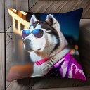 サングラス シベリアンハスキー ジャケット 夜の街 ファッション クッションカバー 45×45cm アニマル柄 おしゃれ 可愛い クッション本体付き 正方形