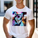 Tシャツ メンズ キッズ 犬ファン 半袖 春夏 プリント カジュアル かわいい 人間用 フィットネス サングラス シベリアンハスキー ネオンライト 派手なコート