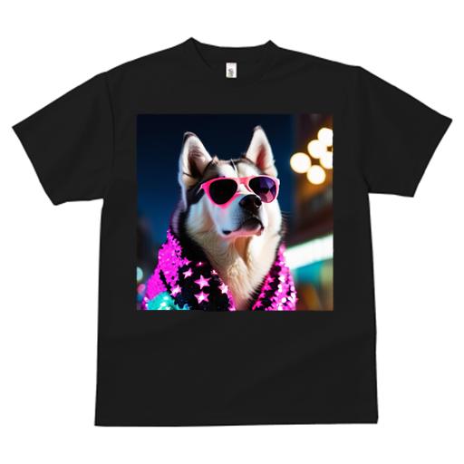 Tシャツ レディース 犬ファン 半袖 春夏 プリント カジュアル かわいい 人間用 フィットネス サングラス シベリアンハスキー ピンク スター ネオン