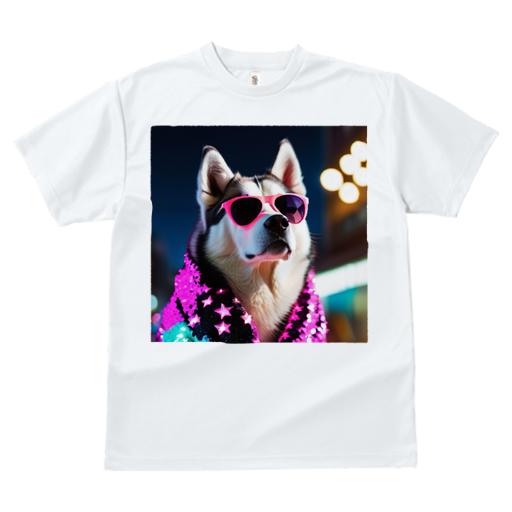 Tシャツ レディース 犬ファン 半袖 春夏 プリント カジュアル かわいい 人間用 フィットネス サングラス シベリアンハスキー ピンク スター ネオン