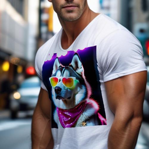 楽天フロントップ楽天市場店Tシャツ メンズ キッズ 犬ファン 半袖 春夏 プリント カジュアル かわいい 人間用 フィットネス サングラス シベリアンハスキー ネオン キラキラ バンダナ
