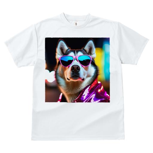 Tシャツ レディース 犬ファン 半袖 春夏 プリント カジュアル かわいい 人間用 フィットネス サングラス シベリアンハスキー ピンク ネオン 夜