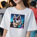 Tシャツ レディース 犬ファン 半袖 春夏 プリント カジュアル かわいい 人間用 フィットネス サングラス シベリアンハスキー ネオン 夜(4)