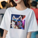 Tシャツ レディース 犬ファン 半袖 春夏 プリント カジュアル かわいい 人間用 フィットネス サングラス シベリアンハスキー ネオン 夜(4)