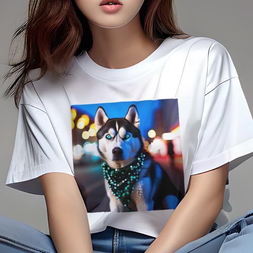 Tシャツ レディース 犬ファン 半袖 春夏 プリント カジュアル かわいい 人間用 フィットネス 夜景 ハスキー 街灯 カラフルなライト バンダナ 犬 Tシャツ レディース 犬ファン 半袖 春夏 プリント カジュアル かわいい 人間用 フィットネス 夜景 ハスキー 街灯 カラフルなライト バンダナ 犬