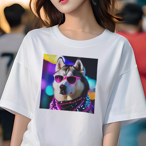楽天フロントップ楽天市場店Tシャツ レディース 犬ファン 半袖 春夏 プリント カジュアル かわいい 人間用 フィットネス サングラス シベリアンハスキー ネオン キラキラ 夜景