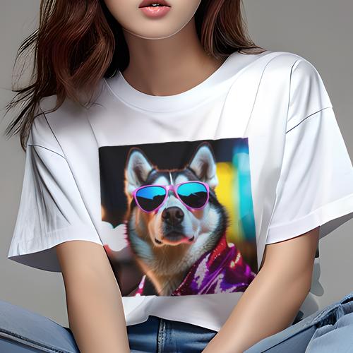 Tシャツ レディース 犬ファン 半袖 春夏 プリント カジュアル かわいい 人間用 フィットネス サングラス シベリアンハスキー ピンク ネオン 夜 Tシャツ レディース 犬ファン 半袖 春夏 プリント カジュアル かわいい 人間用 フィットネス サングラス シベリアンハスキー ピンク ネオン 夜