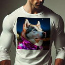 長袖Tシャツ 人間用 メンズ 秋春夏 プリント レジャー アウトドア カジュアル かわいい 夜 シベリアンハスキー フラッシュ 首輪 輝き イルミネーション