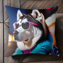 サングラス シベリアンハスキー 夜景 ビーズネックレス 青い毛皮のコート クッションカバー 45×45cm アニマル柄 おしゃれ 可愛い クッション本体付き 正...