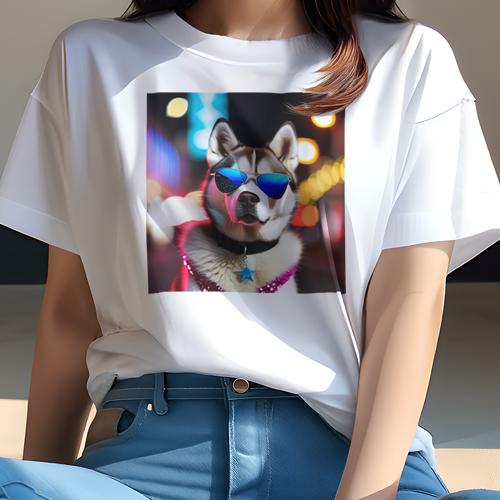 Spain （Clubs） - Tシャツ レディース 犬ファン 半袖 春夏 プリント カジュアル かわいい 人間用 フィットネス サングラス シベリアンハスキー 夜の街 ネオン