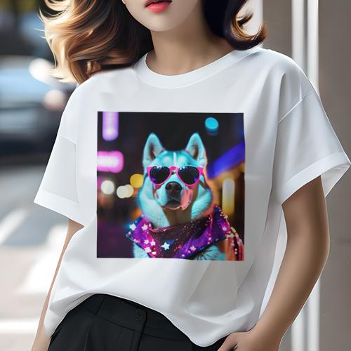 Tシャツ レディース 犬ファン 半袖 春夏 プリント カジュアル かわいい 人間用 フィットネス サングラス シベリアンハスキー 煌びやかなマント 夜景