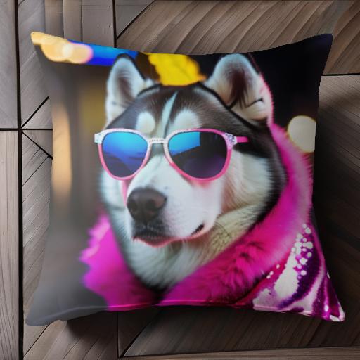 サングラス シベリアンハスキー ピンクのジャケット 夜の街 クッションカバー 45×45cm アニマル柄 おしゃれ 可愛い クッション本体付き 正方形