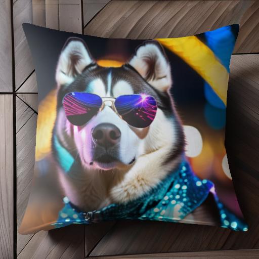 サングラス シベリアンハスキー ライト 夜景 キラキラ 青い服 クッションカバー 45×45cm アニマル柄 お..