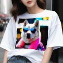 Tシャツ メンズ キッズ 犬ファン 半袖 春夏 プリント カジュアル かわいい 人間用 フィットネス サングラス シベリアンハスキー ピンクのコート 派手な背景