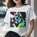 Tシャツ レディース 犬ファン 半袖 春夏 プリント カジュアル かわいい 人間用 フィットネス サングラス シベリアンハスキー 蛍光コート 夜の街